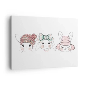 Quadro em tela - Coelhinhos adoráveis com chapéus em tons pastéis - 70x50cm - Pensativa, triste, contente - Decoração de parede moderna para a sala de estar e quarto ARTTOR