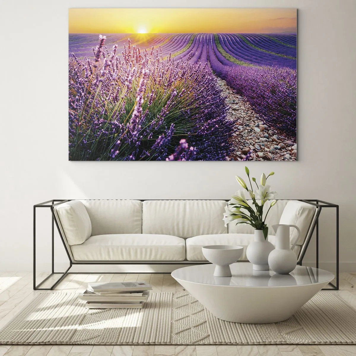 Quadro em vidro - Campo de lavanda ao nascer do sol com um caminho rochoso - 70x50cm - Prado perfumado - Decoração de parede moderna para a sala de estar e quarto ARTTOR