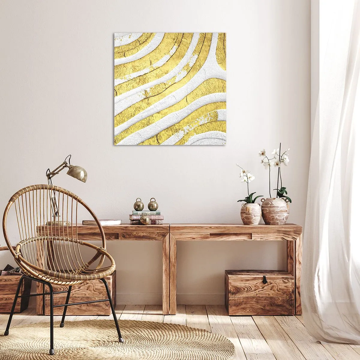Quadro em tela - Composição a branco e ouro - 50x50 cm