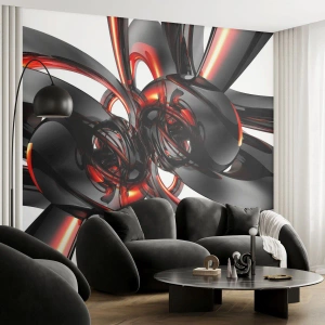 Papel de Parede Premium Sand - Movimento em grafite e vermelho - Abstração, 3D, Pedaço - 450x315 cm