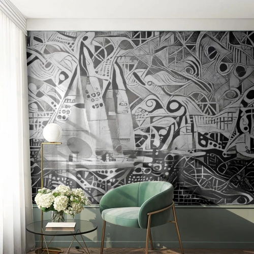 Papel de Parede Standard Eco - Vela abstrata em preto e branco - 100x70cm - Entre as ondas - Decoração de parede moderna para a sala de estar e quarto ARTTOR