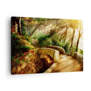 Quadro em tela - Paisagem florestal com raios de sol e uma ponte de pedra - 70x50cm - Direto da ponte para a floresta de contos de fadas - Decoração de parede moderna para a sala de estar e quarto ARTTOR