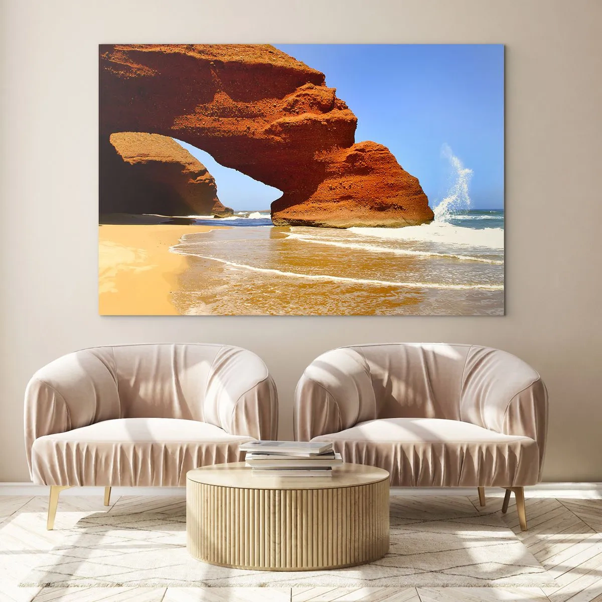 Quadro em vidro - Arcos de rocha vermelha sobre a praia e o oceano - 70x50cm - Água e vento por milhares de anos - Decoração de parede moderna para a sala de estar e quarto ARTTOR