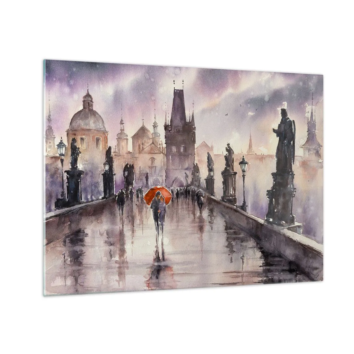 Quadro em vidro - Caminhando na chuva em uma ponte com um guarda-chuva laranja - 70x50cm - Pessoas não mudam - Decoração de parede moderna para a sala de estar e quarto ARTTOR
