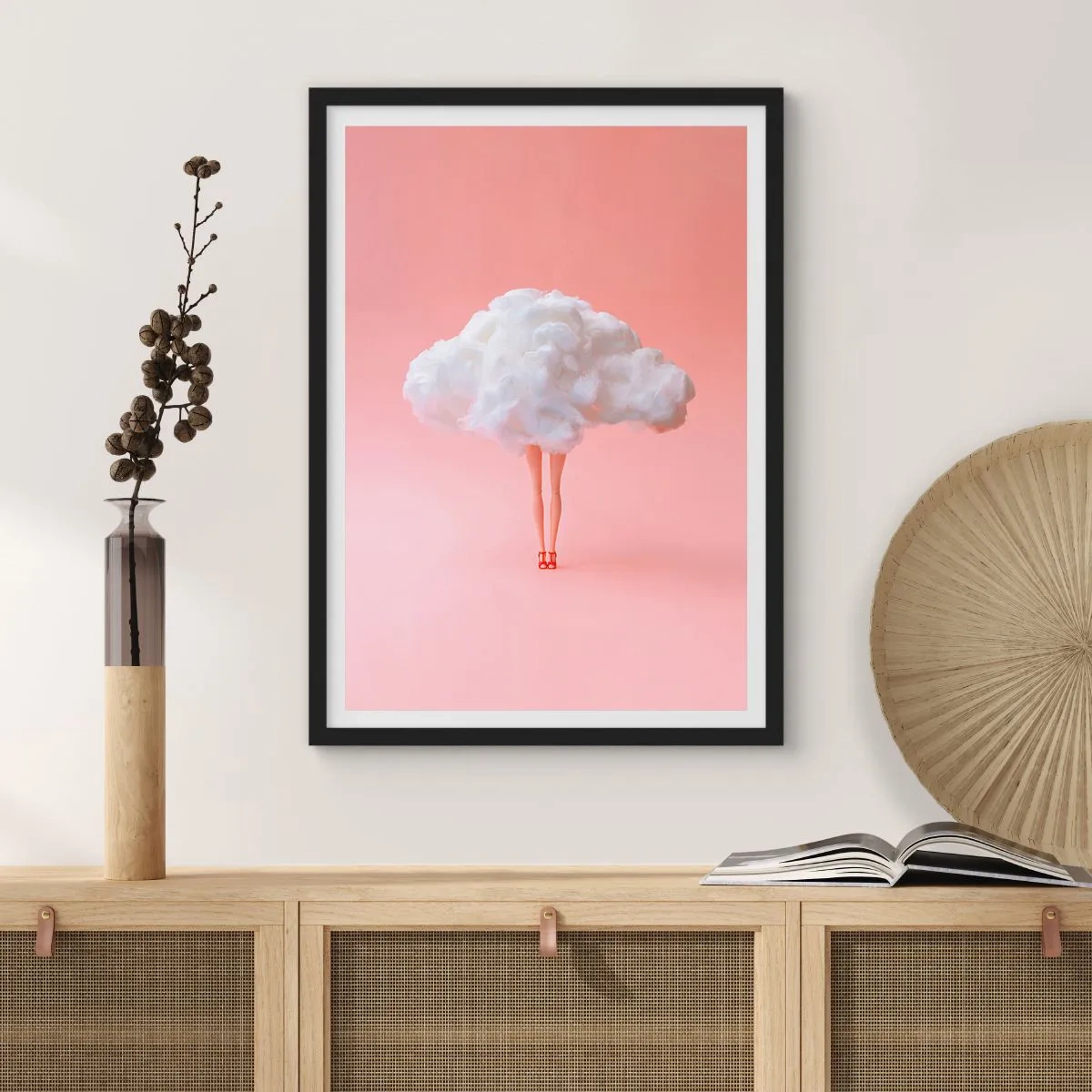 Pôster com moldura preta - Uma nuvem elegante com pernas em um fundo rosa - 50x70cm - Doce promessa - Decoração de parede moderna para a sala de estar e quarto ARTTOR
