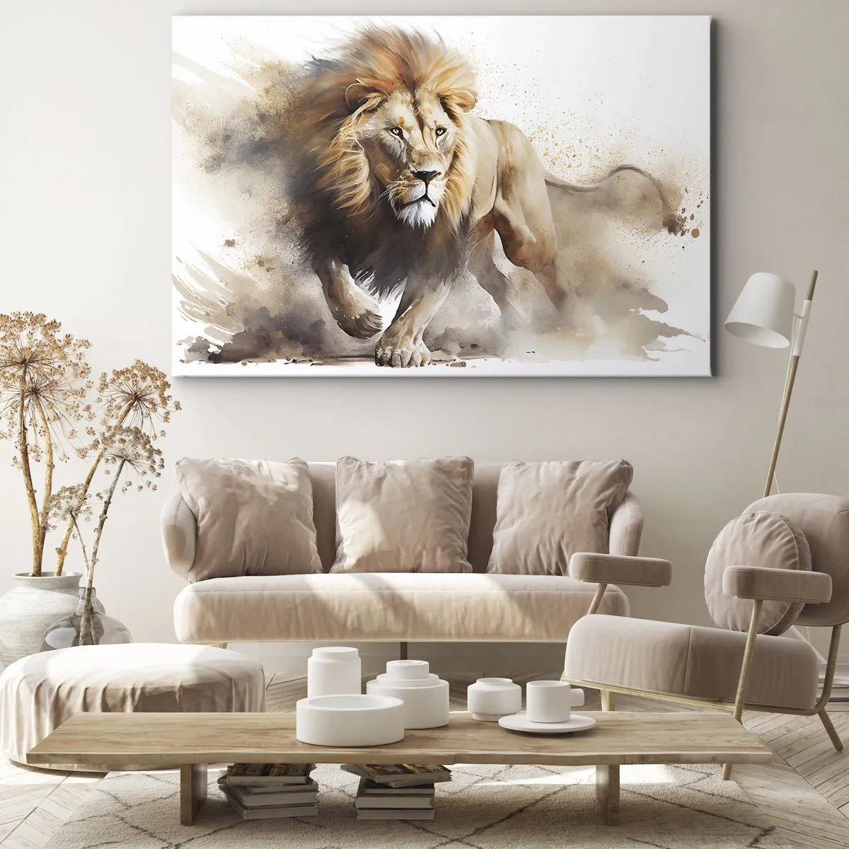 Quadro em tela - Um retrato dinâmico de um leão em cores naturais. - 70x50cm - O rei se foi - Decoração de parede moderna para a sala de estar e quarto ARTTOR