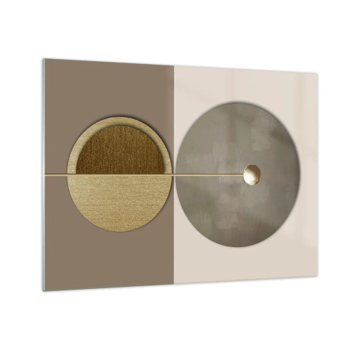 Quadro em vidro - Círculos e linhas douradas em uma composição harmoniosa - 70x50cm - Equilíbrio perfeito - Decoração de parede moderna para a sala de estar e quarto ARTTOR