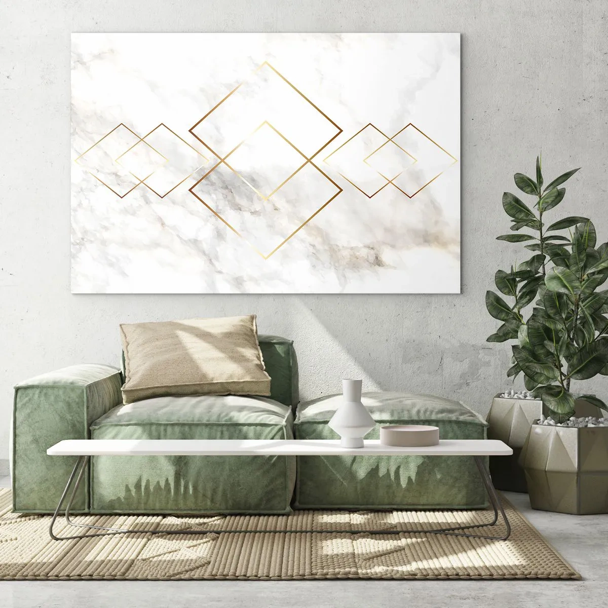 Quadro em vidro - Losangos geométricos dourados sobre fundo de mármore branco - 70x50cm - Vista ao infinito - Decoração de parede moderna para a sala de estar e quarto ARTTOR
