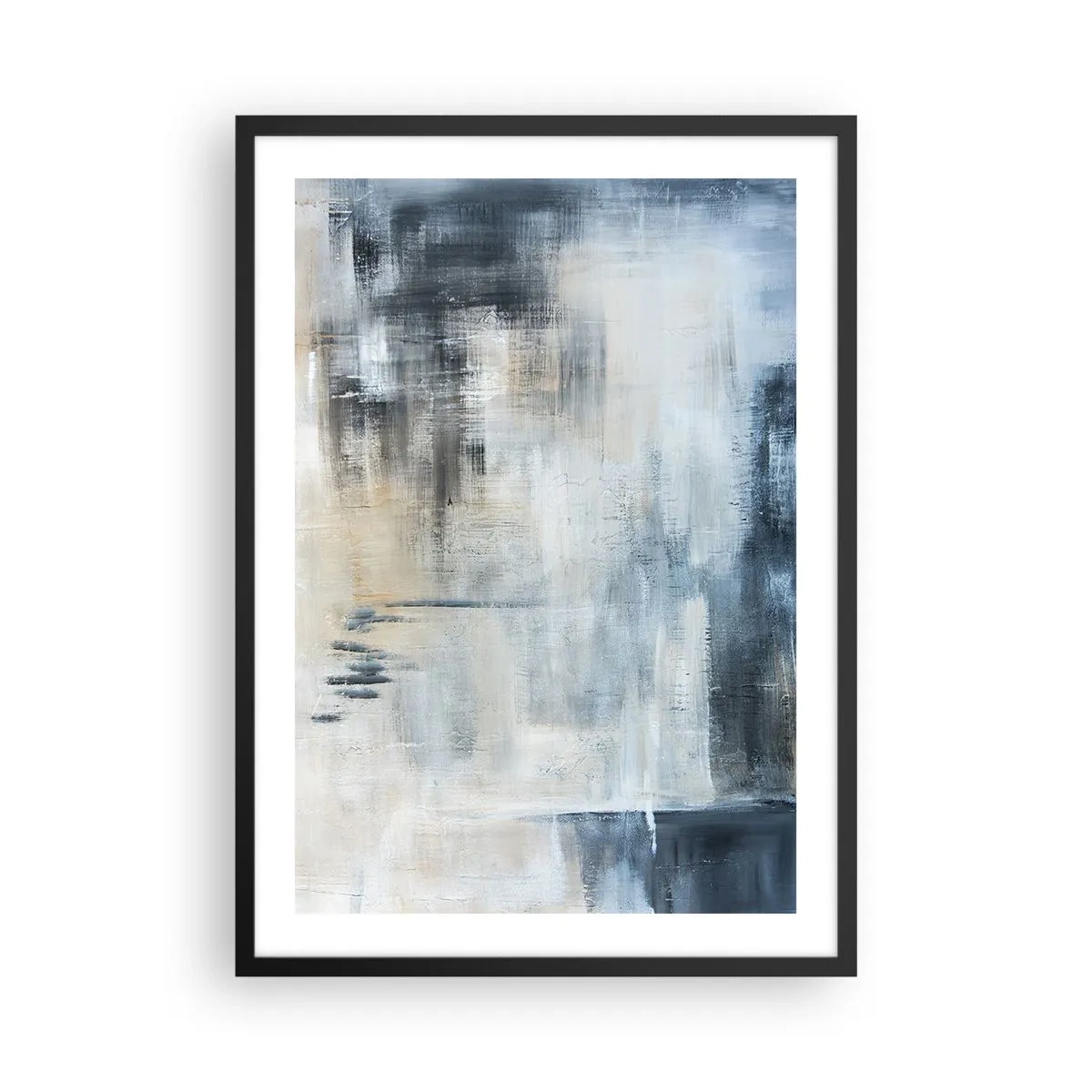 Pôster com moldura preta - Composição abstrata em tons de azul e bege - 50x70cm - Atrás da cortina azul - Decoração de parede moderna para a sala de estar e quarto ARTTOR