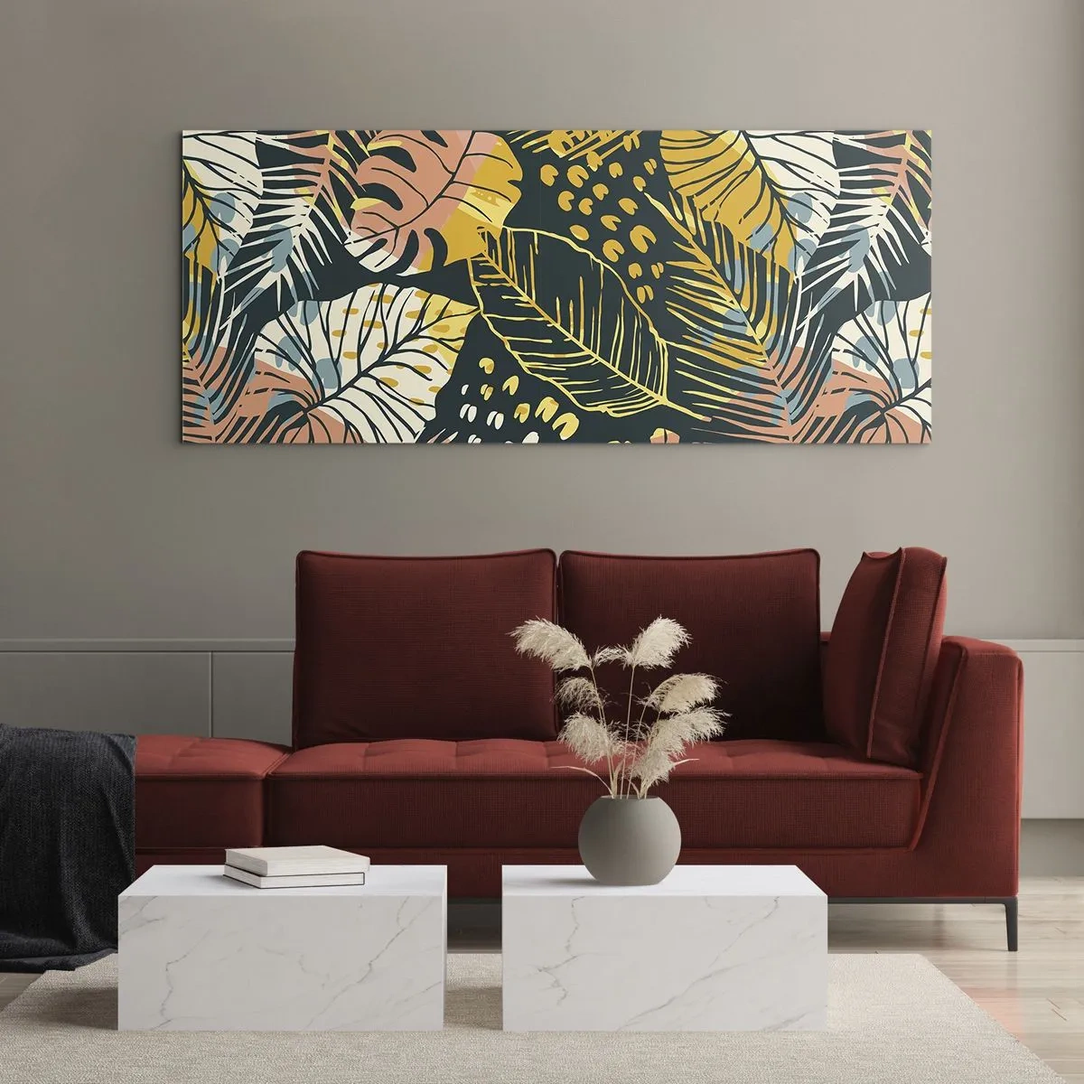 Quadro em vidro - Fantasia de folhas - 100x40 cm