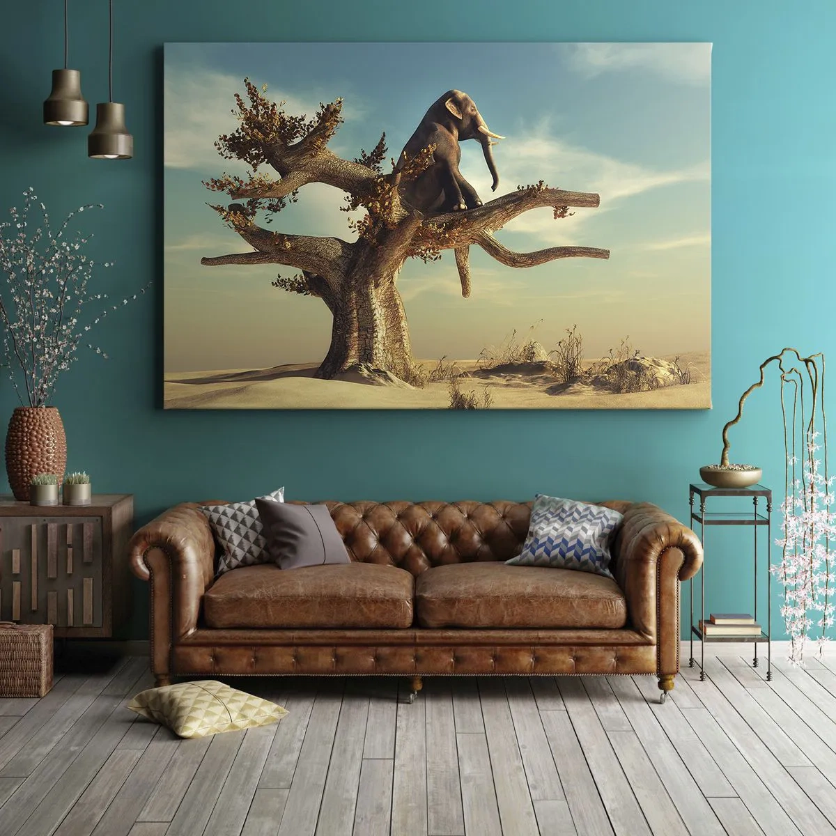 Quadro em tela - Um elefante sentado em uma árvore em uma paisagem surreal - 70x50cm - Um novo ponto de vista - Decoração de parede moderna para a sala de estar e quarto ARTTOR