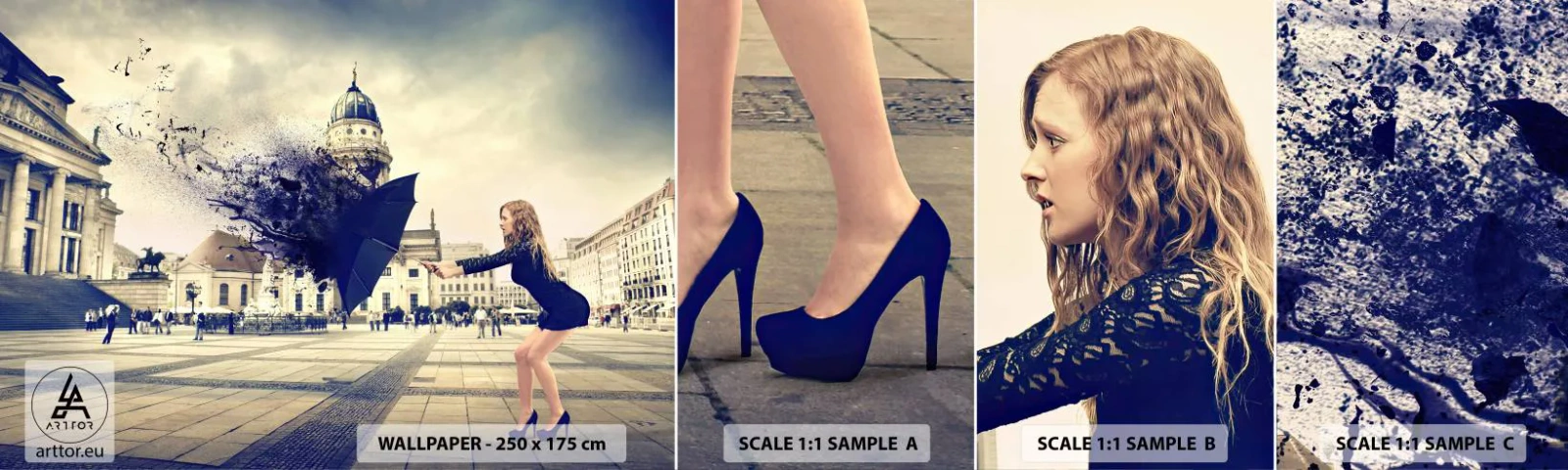 Amostra de papel de parede autocolante Deluxe Sticker - Há um vento... - Mulher, Cidade, Guarda-chuva misterioso - 100x30 cm