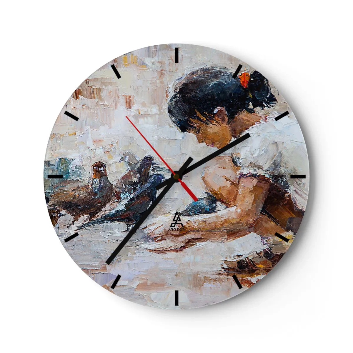 Relógio de parede - Relógio em vidro - Uma menina alimentando pombos contra um fundo pintado - 30x30cm - Pequenos e queridos - Decoração de parede moderna para a sala de estar, cozinha e quarto ARTTOR