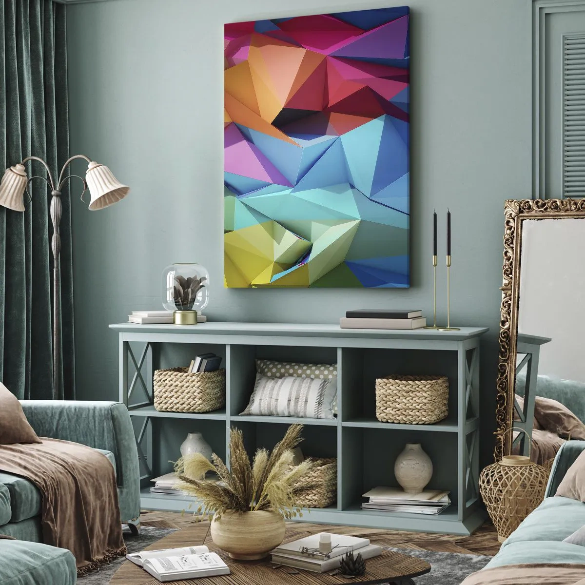 Quadro em tela - Arco-íris de origami - 50x70 cm
