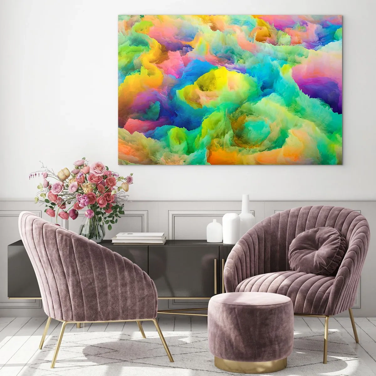 Quadro em vidro - Paisagem abstrata em cores vivas - 70x50cm - Penugem arco-íris - Decoração de parede moderna para a sala de estar e quarto ARTTOR