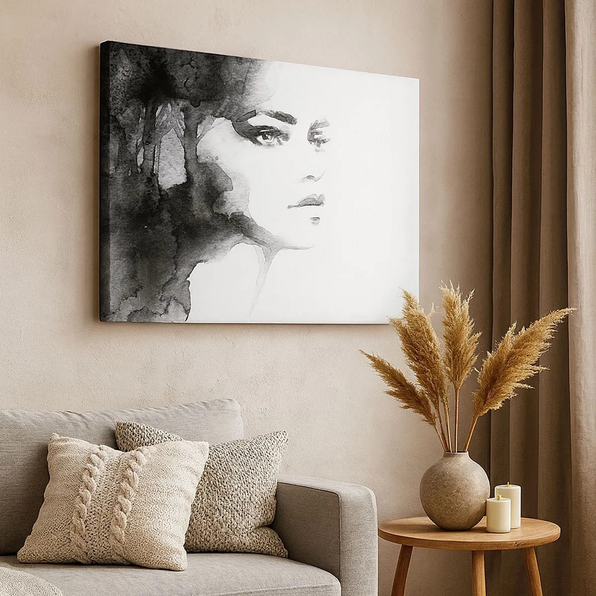 Quadro em tela - Um retrato sutil de uma mulher em tons de preto e branco - 70x50cm - Feita de mistério e névoa - Decoração de parede moderna para a sala de estar e quarto ARTTOR