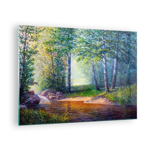 Quadro em vidro - Um riacho na floresta cercado por árvores sob os raios do sol - 70x50cm - Cenário idílico - Decoração de parede moderna para a sala de estar e quarto ARTTOR