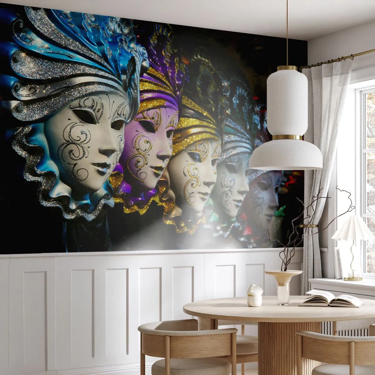 Papel de Parede Premium Sand - Mistério em ouro e prata - Máscara veneziana, Veneza, Carnaval - 400x280 cm