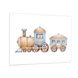 Quadro em vidro - Ilustração de um trem a vapor em tons de azul e bege sobre fundo branco - 70x50cm - Parado na estação... - Decoração de parede moderna para a sala de estar e quarto ARTTOR