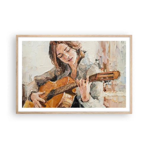 Pôster com moldura de carvalho claro - Concerto de violão e coração de rapariga - 91x61 cm
