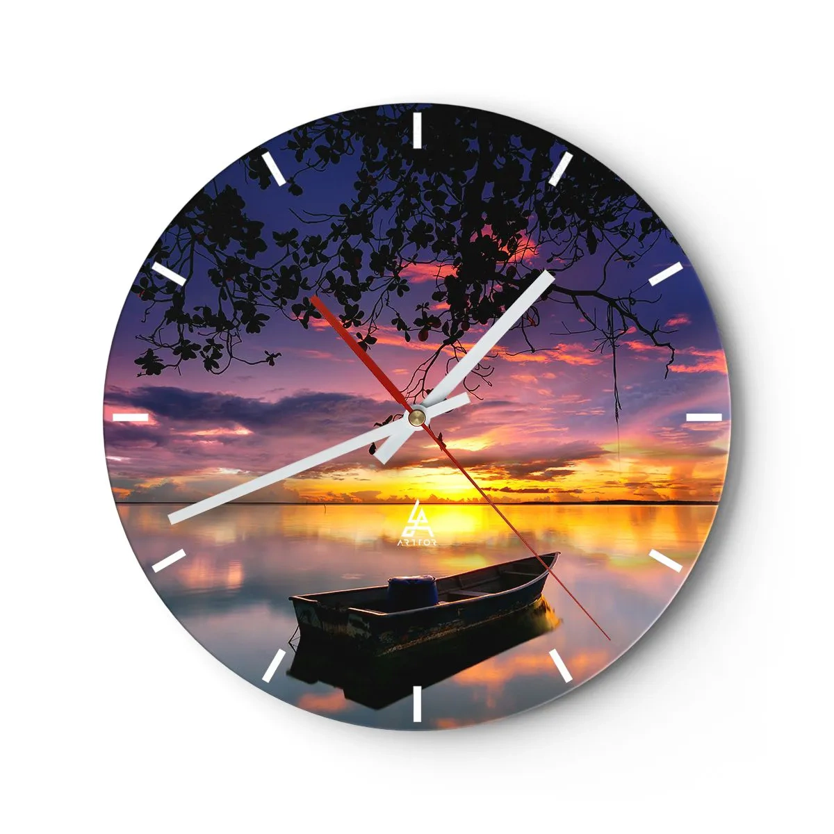 Relógio de parede - Relógio em vidro - Um barco em um lago à luz do pôr do sol - 30x30cm - Parece que estás pendurado no meio do céu… - Decoração de parede moderna para a sala de estar, cozinha e quarto ARTTOR