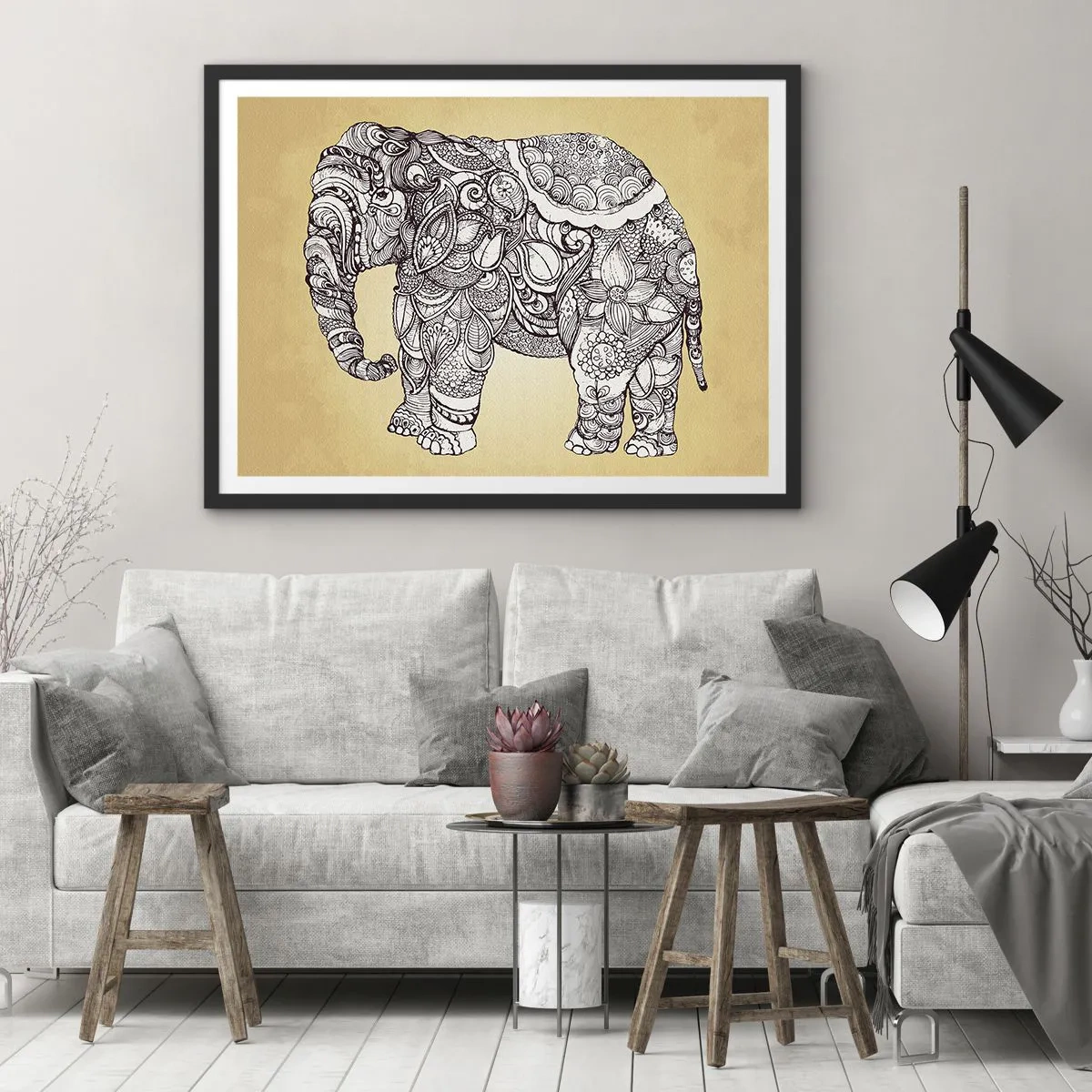 Pôster com moldura preta - O elefante se cobriu - 70x50 cm