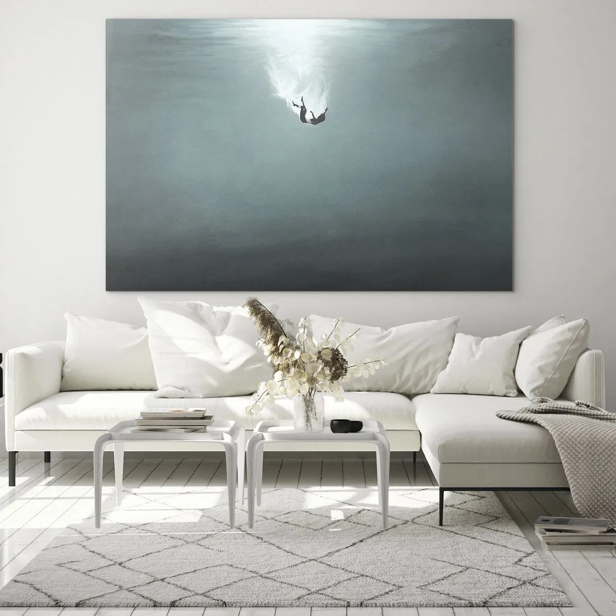 Quadro em vidro - A silhueta de um homem imerso nas profundezas azuis do oceano - 70x50cm - Nos braços do oceano - Decoração de parede moderna para a sala de estar e quarto ARTTOR