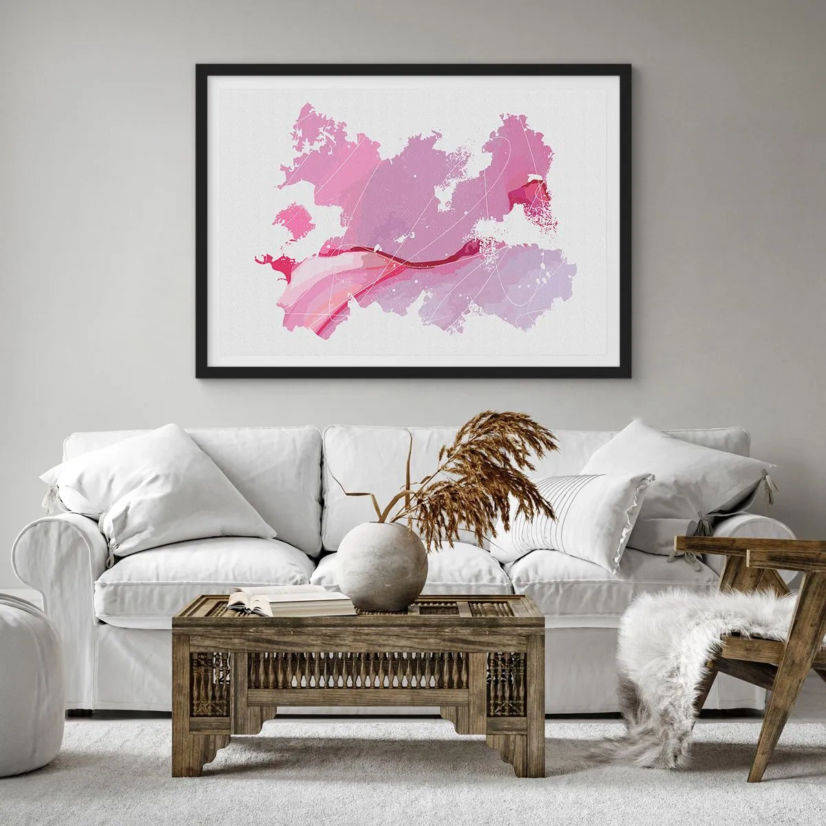 Pôster com moldura preta - Mapa do mundo rosa - 70x50 cm