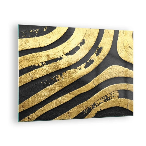 Quadro em vidro - Linhas abstratas douradas em um fundo preto em um estilo glamoroso - 70x50cm - Tudo flui - Decoração de parede moderna para a sala de estar e quarto ARTTOR