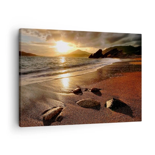 Quadro em tela - Praia ao pôr do sol com pedras na costa - 70x50cm - Siga o sol em direção às colinas - Decoração de parede moderna para a sala de estar e quarto ARTTOR