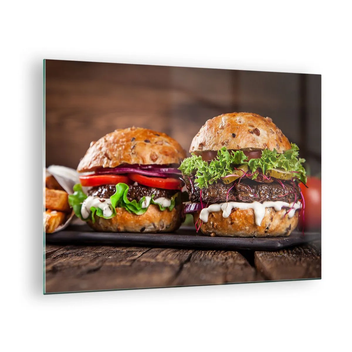 Quadro em vidro - Hambúrgueres apetitosos com vegetais e molho - 70x50cm - Sonho americano - Decoração de parede moderna para a sala de estar e quarto ARTTOR