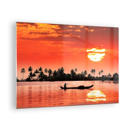 Quadro em vidro - Pôr do sol sobre o rio com palmeiras e um barco - 70x50cm - A calma dos trópicos ao pôr do sol - Decoração de parede moderna para a sala de estar e quarto ARTTOR