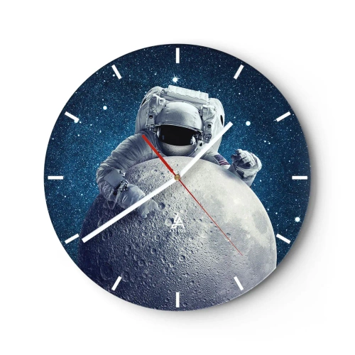 Relógio de parede - Relógio em vidro - Astronauta segurando a lua contra o fundo do espaço - 30x30cm - Coringa do espaço - Decoração de parede moderna para a sala de estar, cozinha e quarto ARTTOR