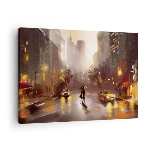 Quadro em tela - Uma cena urbana à noite, à luz de postes de luz e reflexos em uma rua molhada. - 70x50cm - Nas luzes de Nova Iorque - Decoração de parede moderna para a sala de estar e quarto ARTTOR