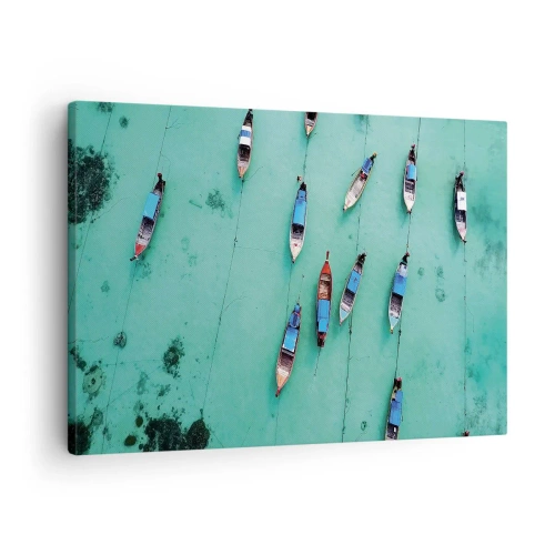 Quadro em tela - Uma vista aérea de barcos em águas azul-turquesa - 70x50cm - Na alegre expectativa - Decoração de parede moderna para a sala de estar e quarto ARTTOR