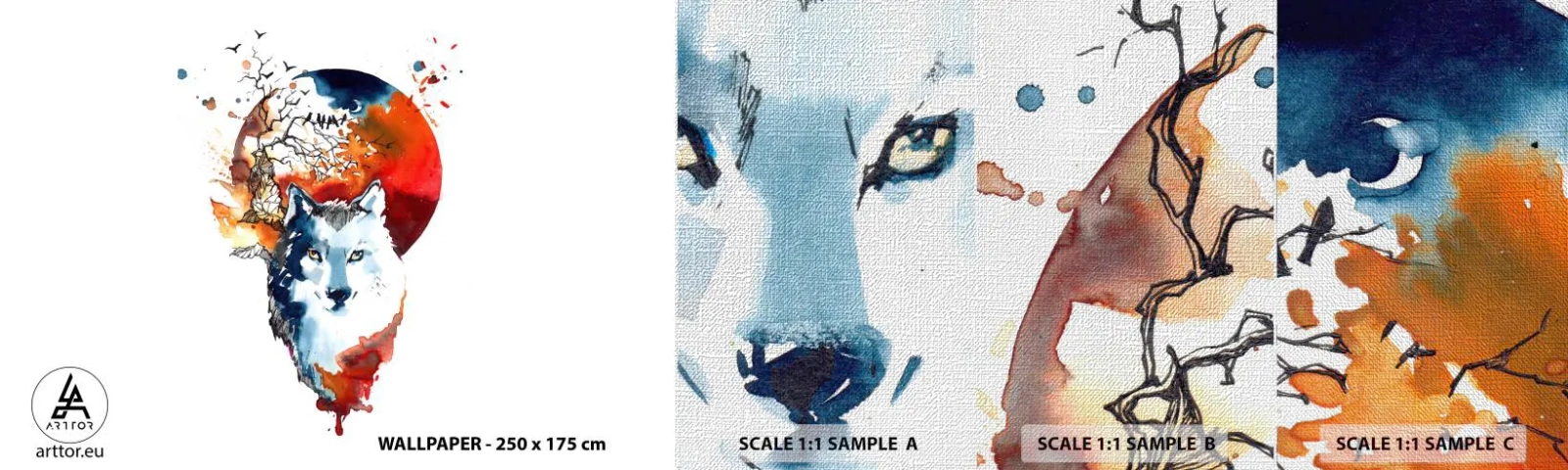 Amostra de papel de parede Premium Canvas - Nariz a nariz com a noite - Abstração, Animais, Lobo - 100x30 cm