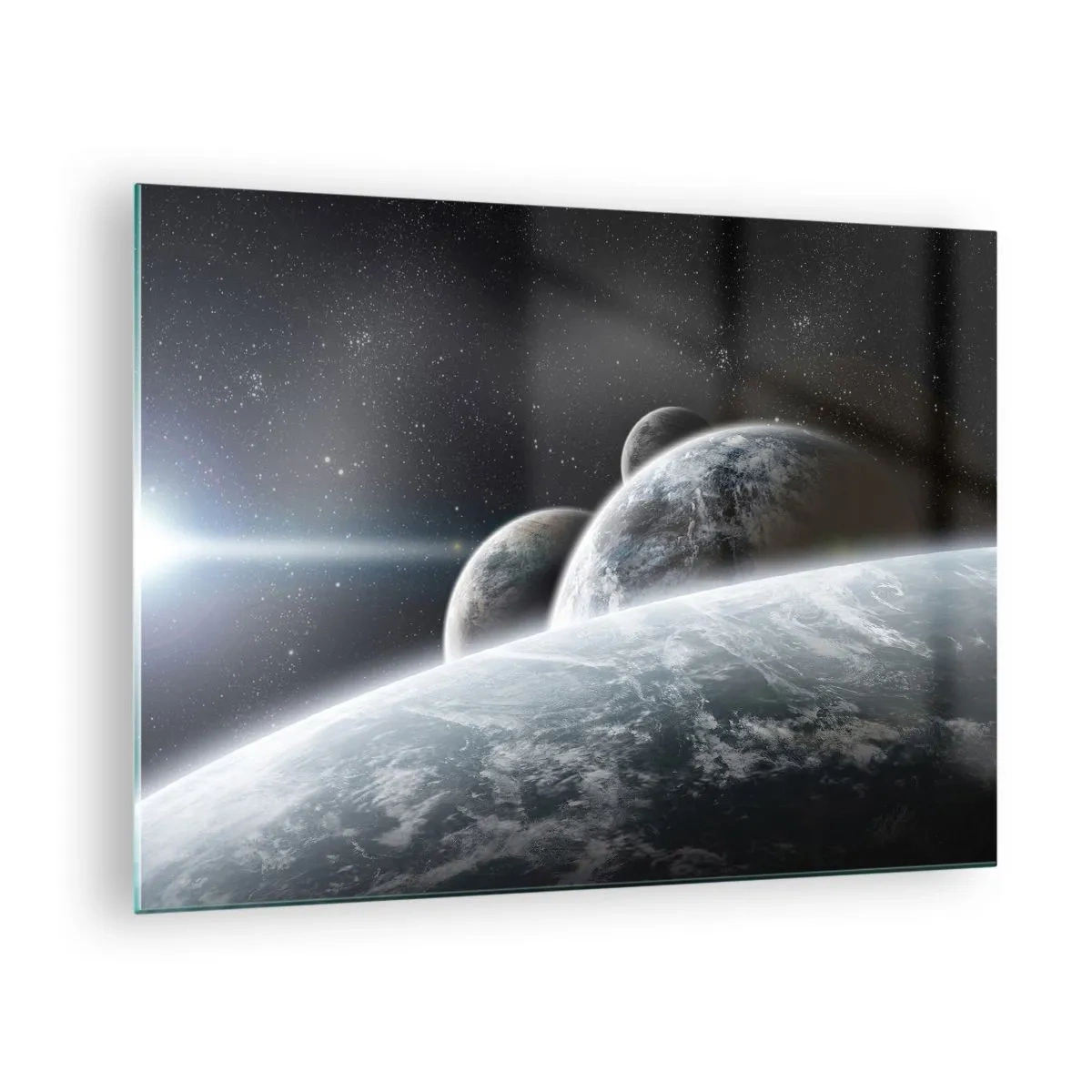 Quadro em vidro - Planetas no espaço sideral com um raio de luz - 70x50cm - Música cósmica das esferas - Decoração de parede moderna para a sala de estar e quarto ARTTOR