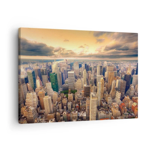 Quadro em tela - Panorama da cidade com vista para arranha-céus ao pôr do sol - 70x50cm - Metrópole dourada - Decoração de parede moderna para a sala de estar e quarto ARTTOR