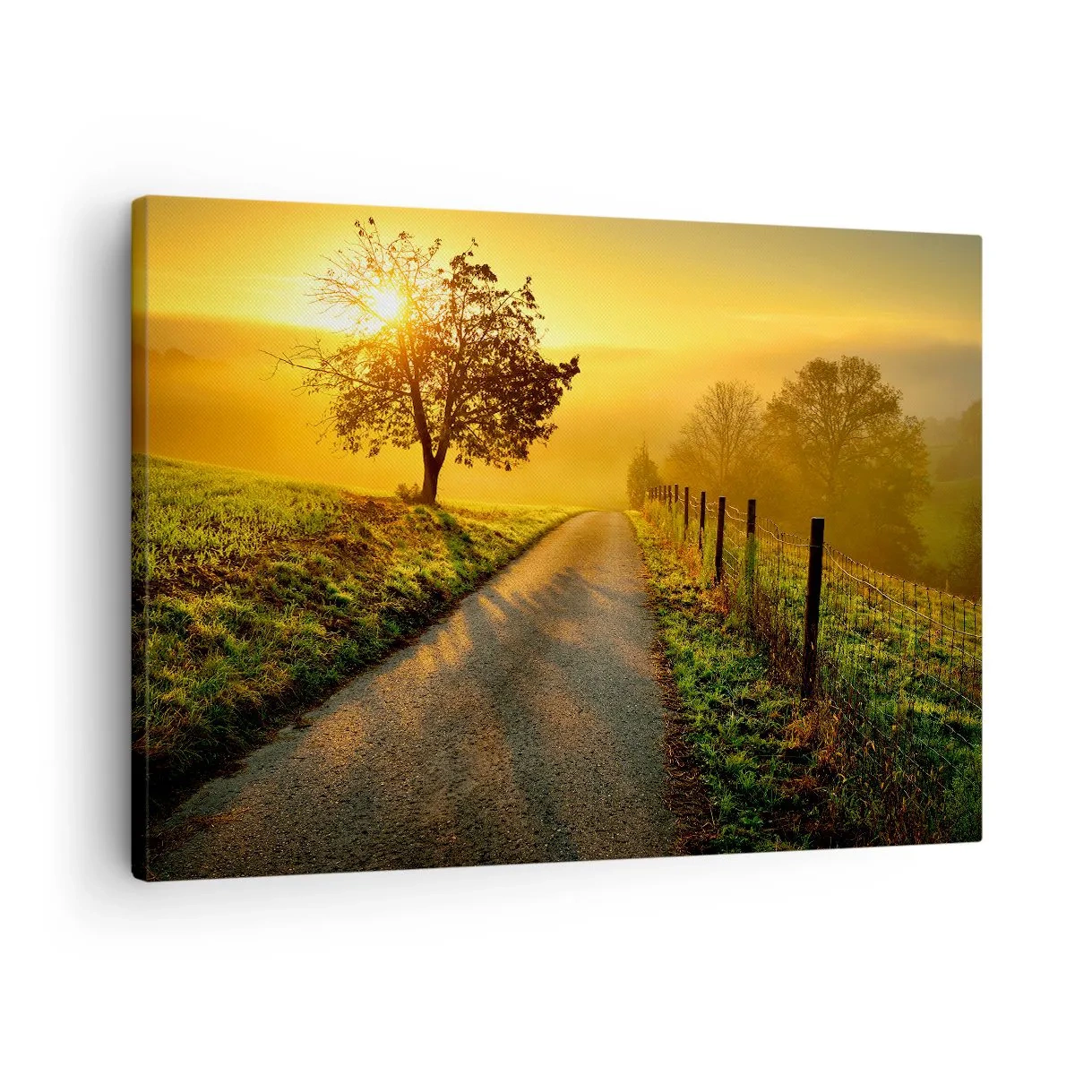 Quadro em tela - Uma estrada pitoresca ao pôr do sol com uma árvore solitária ao fundo - 70x50cm - Uma tarde agradável - Decoração de parede moderna para a sala de estar e quarto ARTTOR