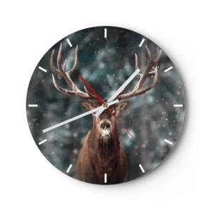 Relógio de parede - Relógio em vidro - Um cervo orgulhoso em uma floresta nevada com árvores desfocadas ao fundo - 30x30cm - O rei coroado da floresta  - Decoração de parede moderna para a sala de estar, cozinha e quarto ARTTOR