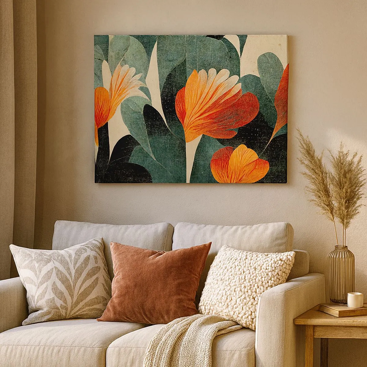 Quadro em tela - Flores em tons intensos de laranja e verde - 70x50cm - O calor dos trópicos e o frescor da vegetação - Decoração de parede moderna para a sala de estar e quarto ARTTOR