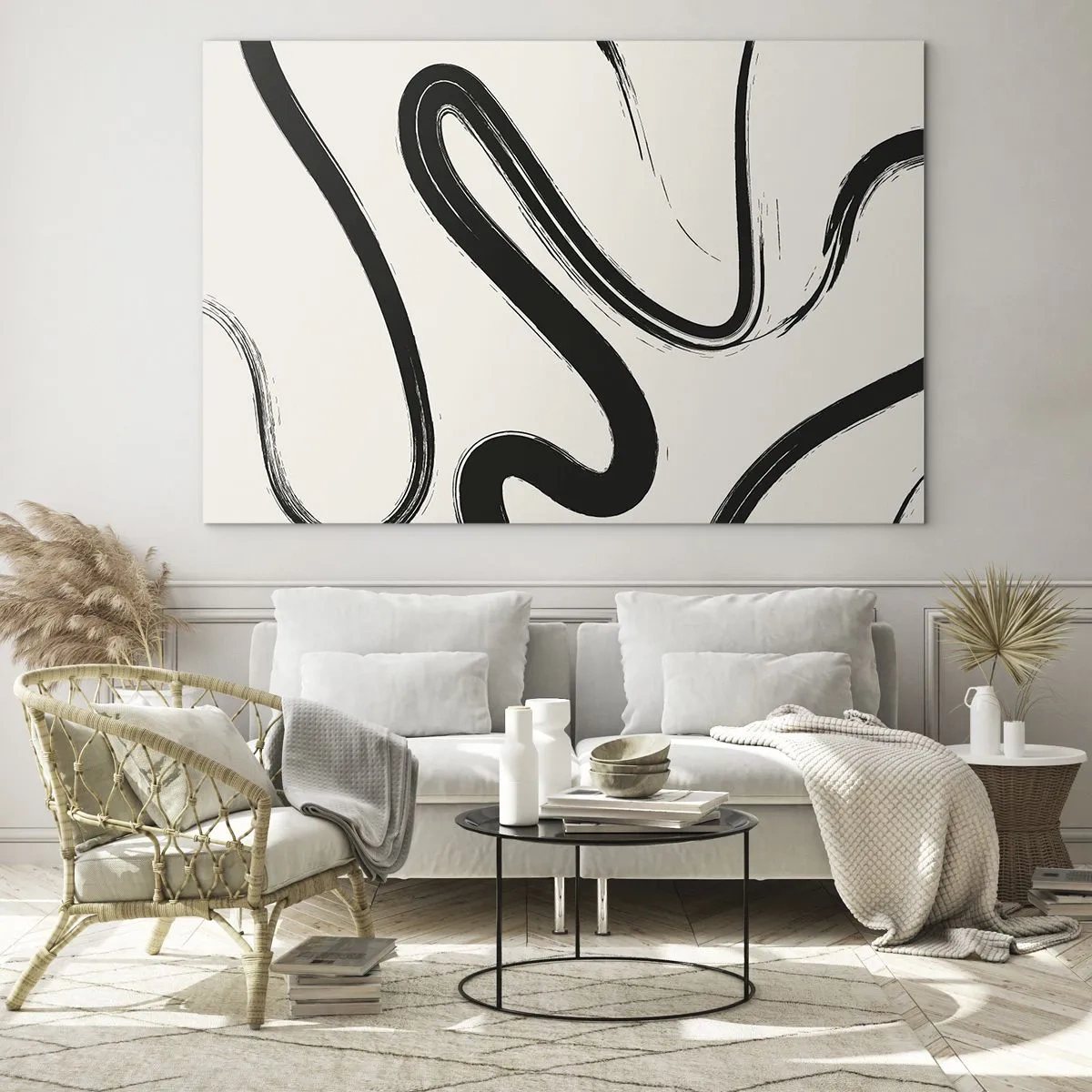 Quadro em vidro - Linhas pretas dinâmicas em um fundo claro em um estilo abstrato. - 70x50cm - Capricho preto e branco - Decoração de parede moderna para a sala de estar e quarto ARTTOR