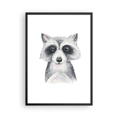 Pôster com moldura preta - Um guaxinim fofo retratado em um fundo branco - 50x70cm - Um momento de emoção - Decoração de parede moderna para a sala de estar e quarto ARTTOR