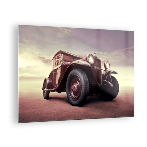 Quadro em vidro - Carro clássico icônico em tons sépia ao ar livre - 70x50cm - Voltemos aos velhos tempos.... - Decoração de parede moderna para a sala de estar e quarto ARTTOR