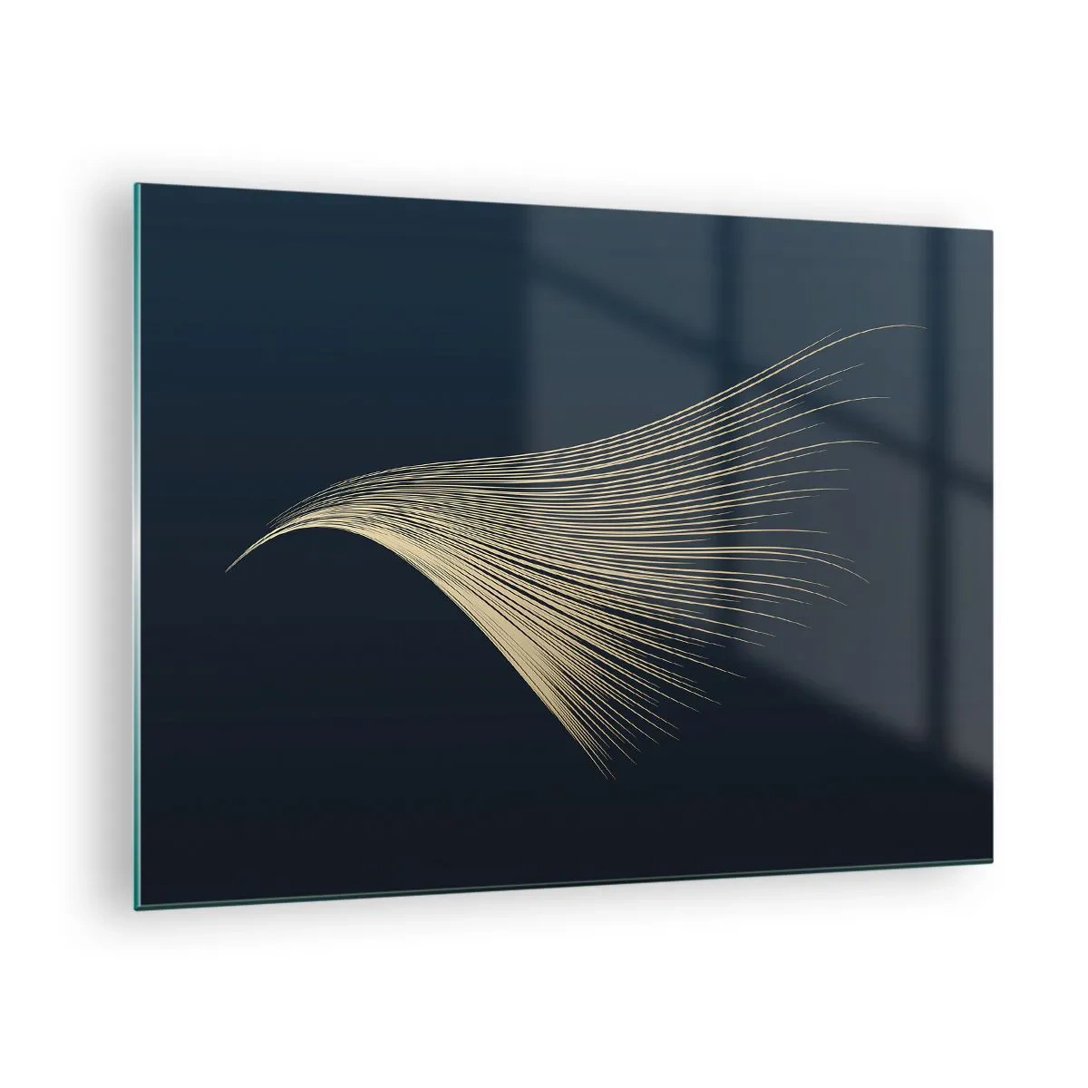 Quadro em vidro - Uma linha dourada semelhante a uma asa em um fundo azul marinho - 70x50cm - Como o cabelo de um anjo - Decoração de parede moderna para a sala de estar e quarto ARTTOR