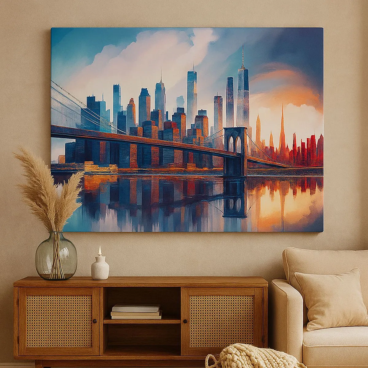 Quadro em tela - Panorama da cidade de Nova York com ponte e reflexo na água - 70x50cm - Nova York dos sonhos - Decoração de parede moderna para a sala de estar e quarto ARTTOR