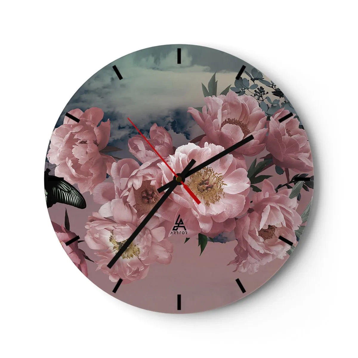 Relógio de parede - Relógio em vidro - Peônias rosa contra o céu com uma borboleta sutil - 30x30cm - O auge do romantismo - Decoração de parede moderna para a sala de estar, cozinha e quarto ARTTOR