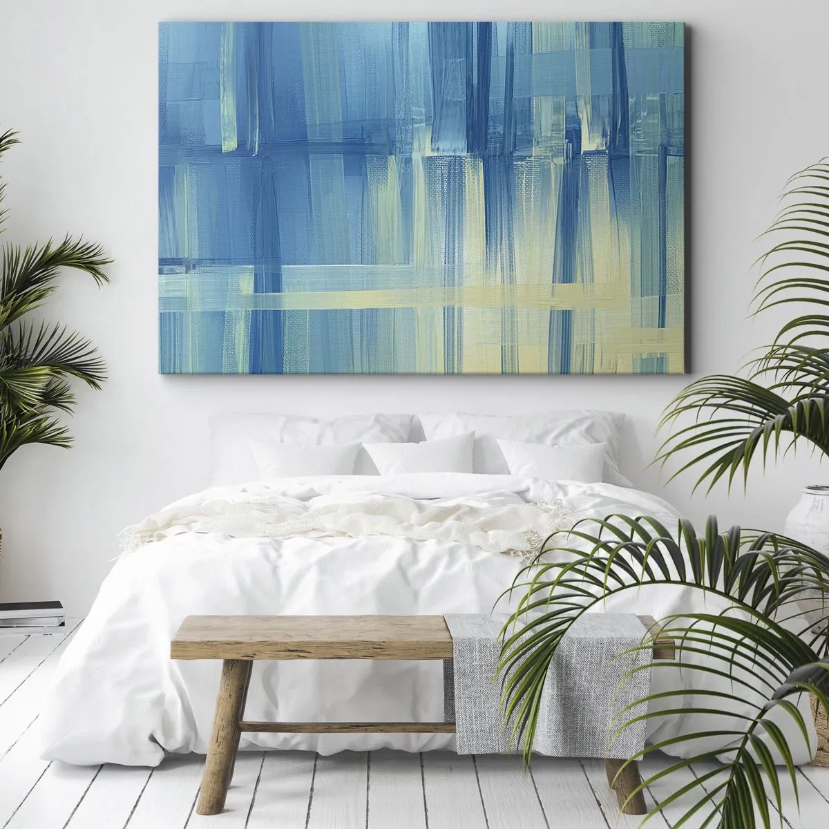 Quadro em tela - Uma pintura abstrata em tons de turquesa e azul com pinceladas geométricas. - 70x50cm - Composição em turquesa - Decoração de parede moderna para a sala de estar e quarto ARTTOR
