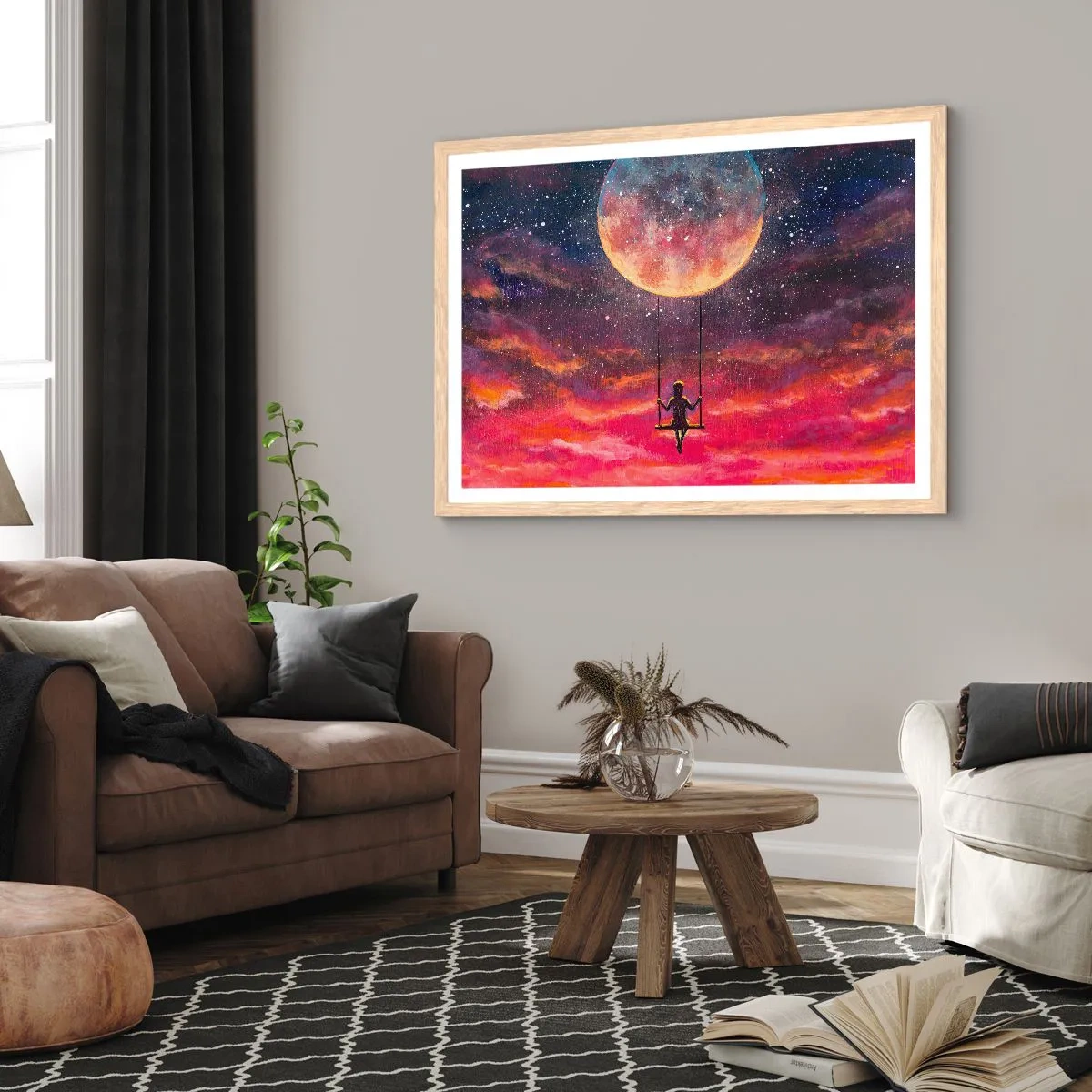 Pôster com moldura de carvalho claro - Balanço nas nuvens - 50x40 cm