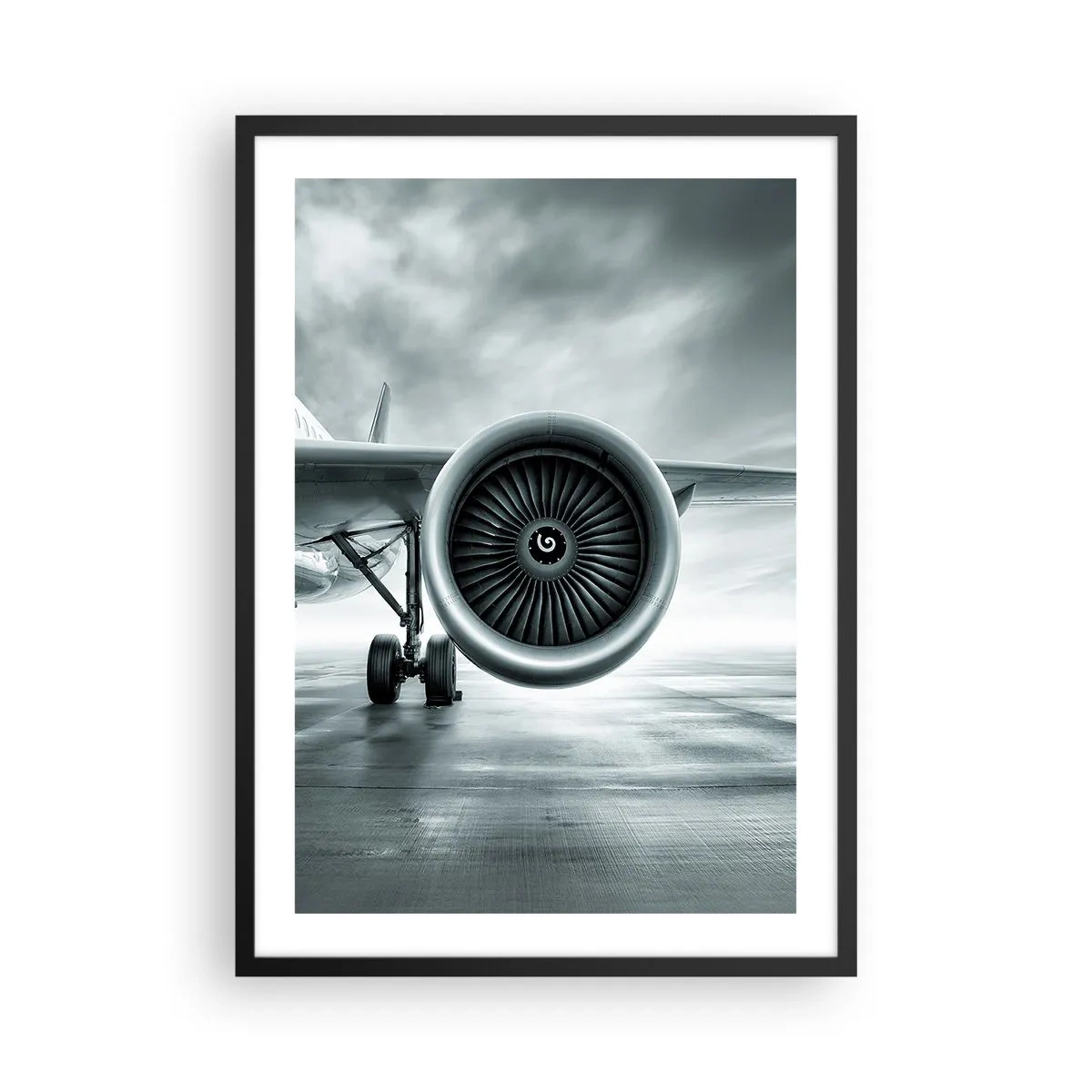 Pôster com moldura preta - Um motor a jato de avião em tons monocromáticos - 50x70cm - Há poder! - Decoração de parede moderna para a sala de estar e quarto ARTTOR